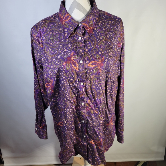 Womans Chaps No Iron Floral Long Sleeve 100% Cotton Button Front Purple Size 2XL - Picture 2 of 11